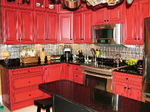 Why not Red kitchen cabinets?  The Power of Red for one of my Myrtle Beach Interior Design Clients…